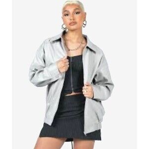 Princess Polly Braelynn Womens Size 2 Gray Faux Leather Bomber Jacket Oversized